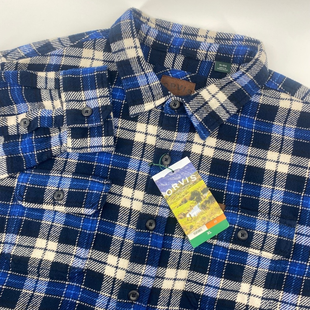 Orvis Flannel‎ Shirt Men XL Blue Plaid Button Down 100% Cotton Long Sleeve NWT